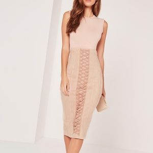 Lace up eyelet faux suede midi skirt